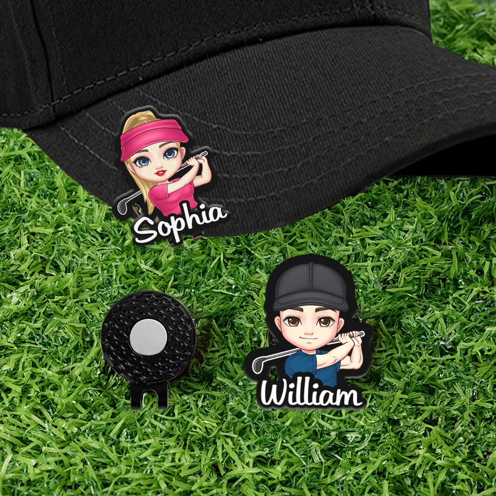 Personalized Cartoon Golf Character Ball Marker with Name Magnetic Hat Clip Gift for Golfers