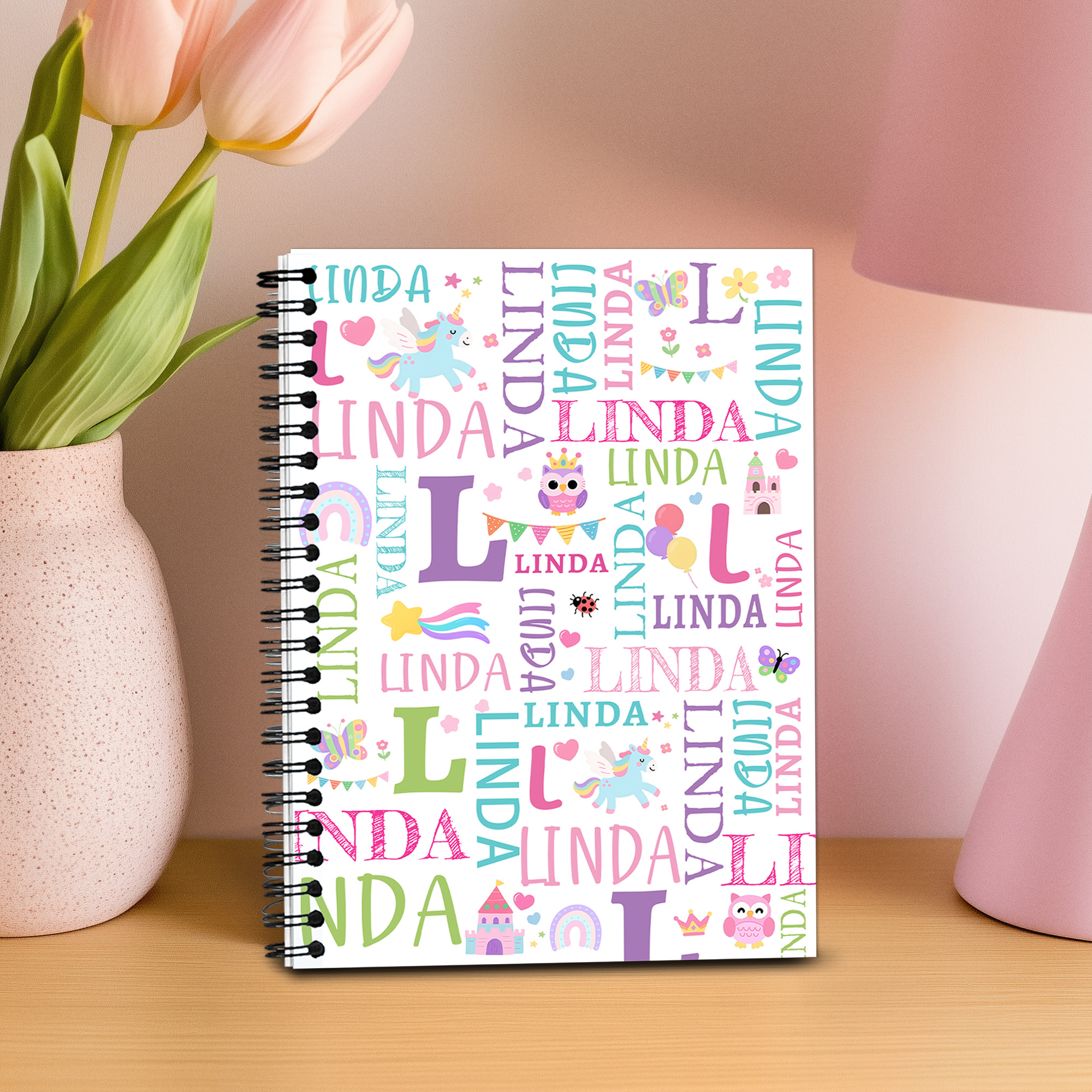 Personalized Fantasy Unicorn Dinosaur Name Cloud A5 Spiral Notebook with Initial and 120 Lined Pages Back to School Birthday Gift for Kids