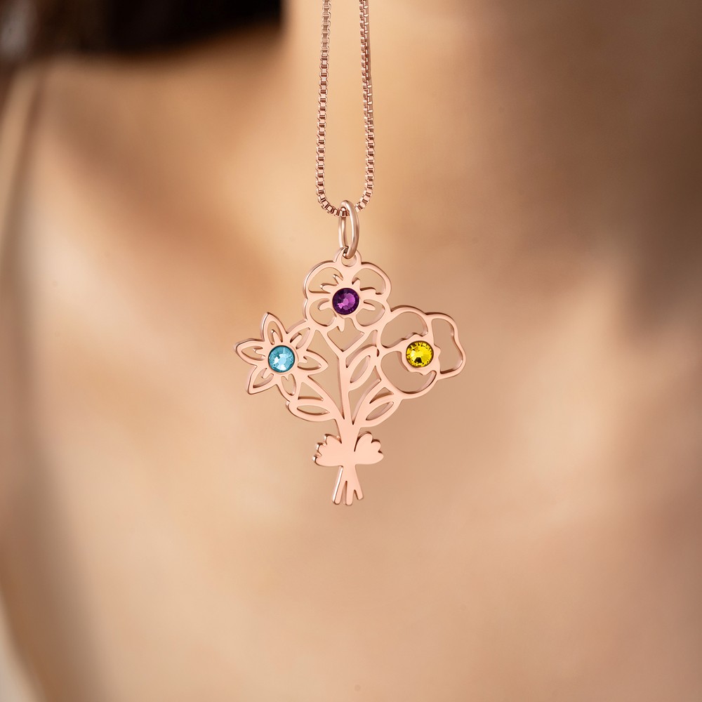 Personalized Birth Flower Birthstone Necklace Dainty Jewelry Daily Use Anniversary Birthday Gift for Woman Mom