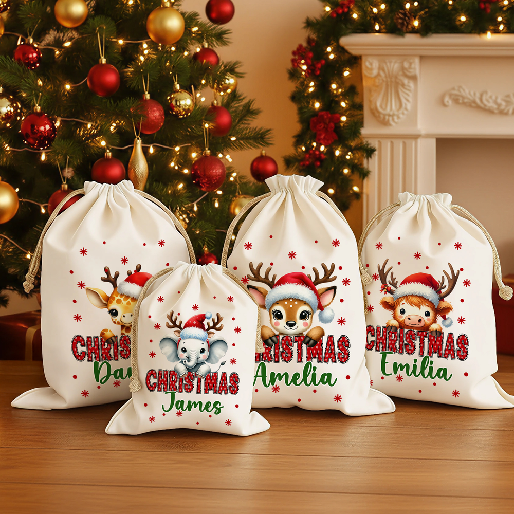 Personalized Santa Hat Deer Fantasy Unicorn Cute Animal Canvas Drawstring Gift Bag  with Name Christmas Gift for Family Friends
