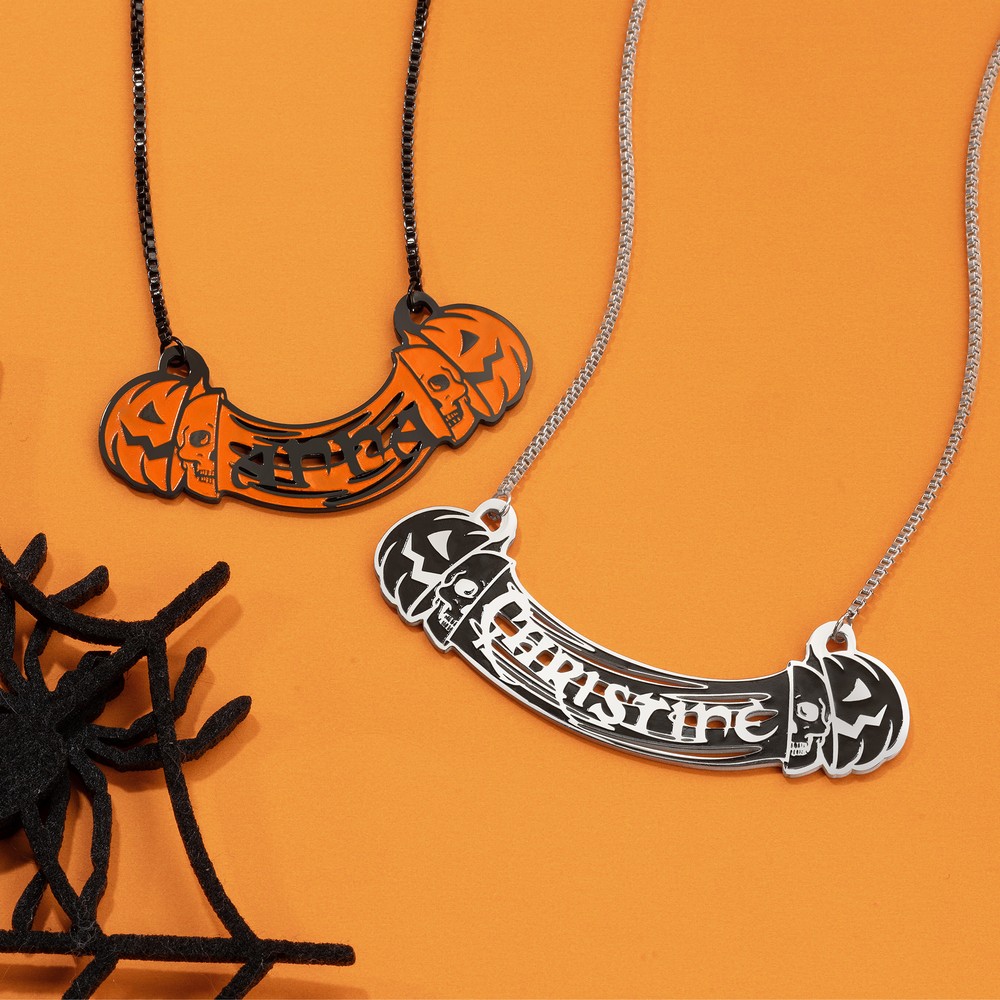 Personalized Scary Skull Pumpkin Name Necklace Spooky Season Jewelry Halloween Gift for Women Girls