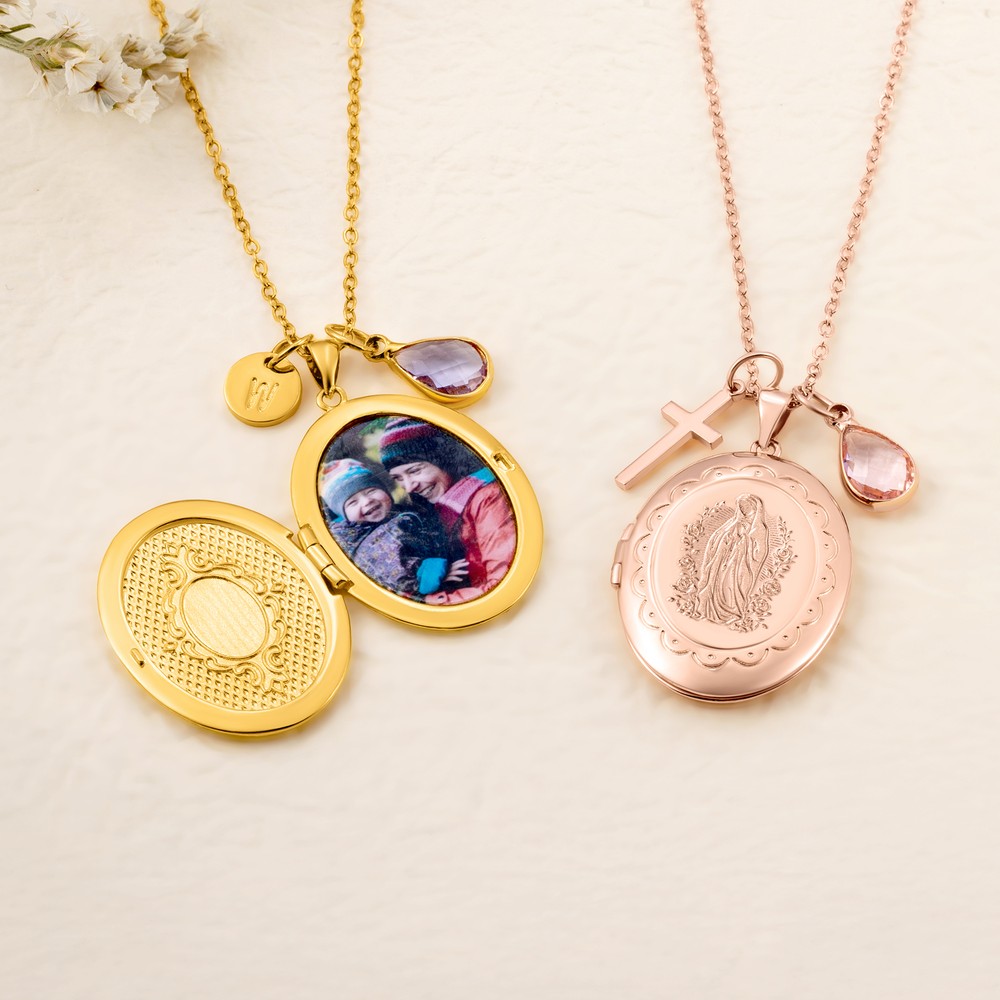 Personalized  Birthstone Photo Locket Necklace with Cross or Initial Charm Dainty Jewelry Birthday Christian Gift for Women