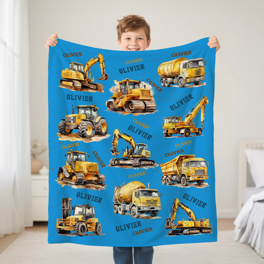 Personalized Construction Trucks Soft Throw Blanket with Name Home Decor Birthday Gift for Boys Truck Lovers