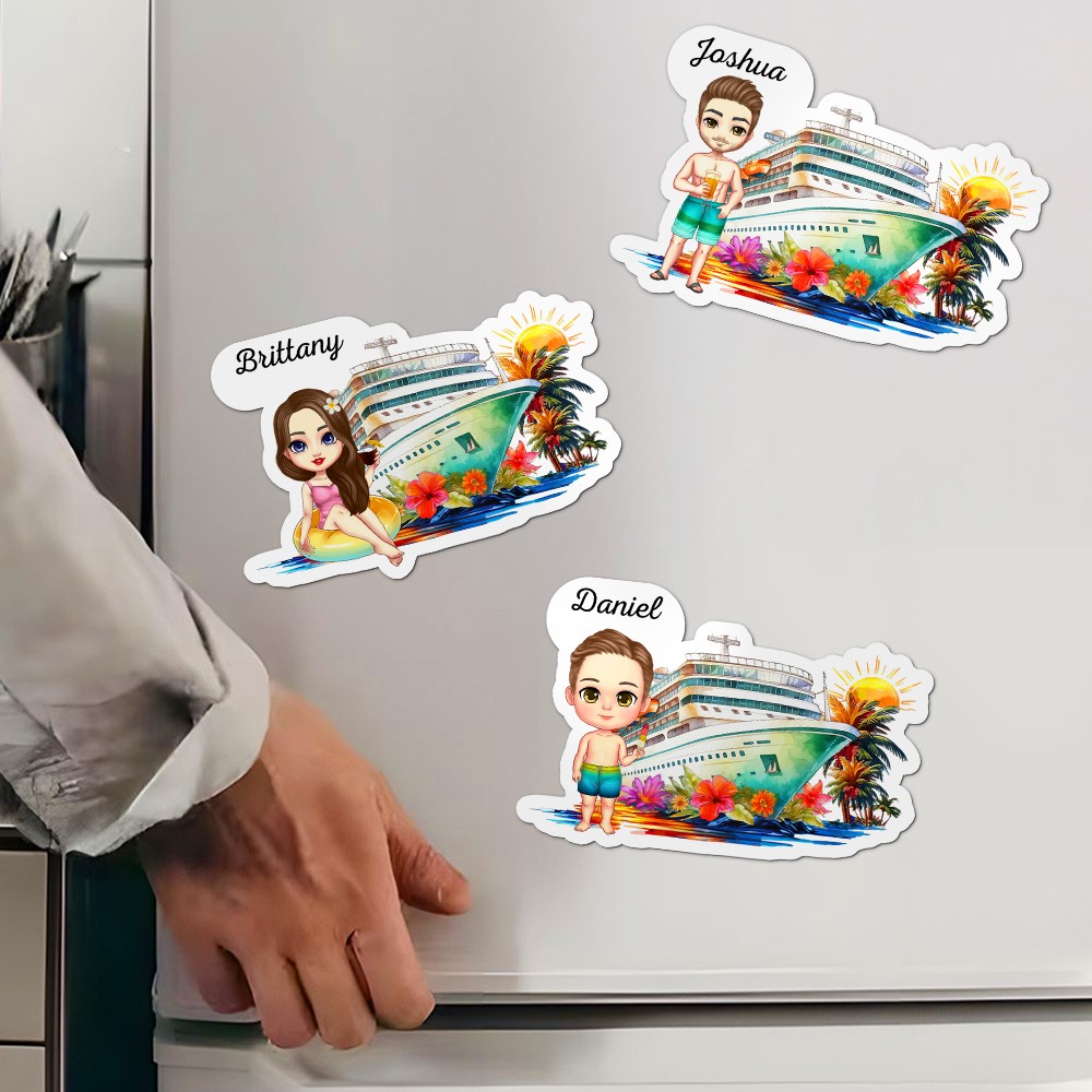 Personalized Cruise Era Cartoon Character Coconut Tree Fridge Magnet with Name Travel Summer Vacation Holiday Gift for Family Friends