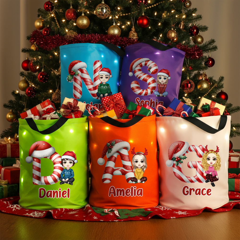 Personalized Santa Hat Initial Cartoon Character Waterproof LED Light Bucket Bag with Name Christmas Gift for Kids Friends Family