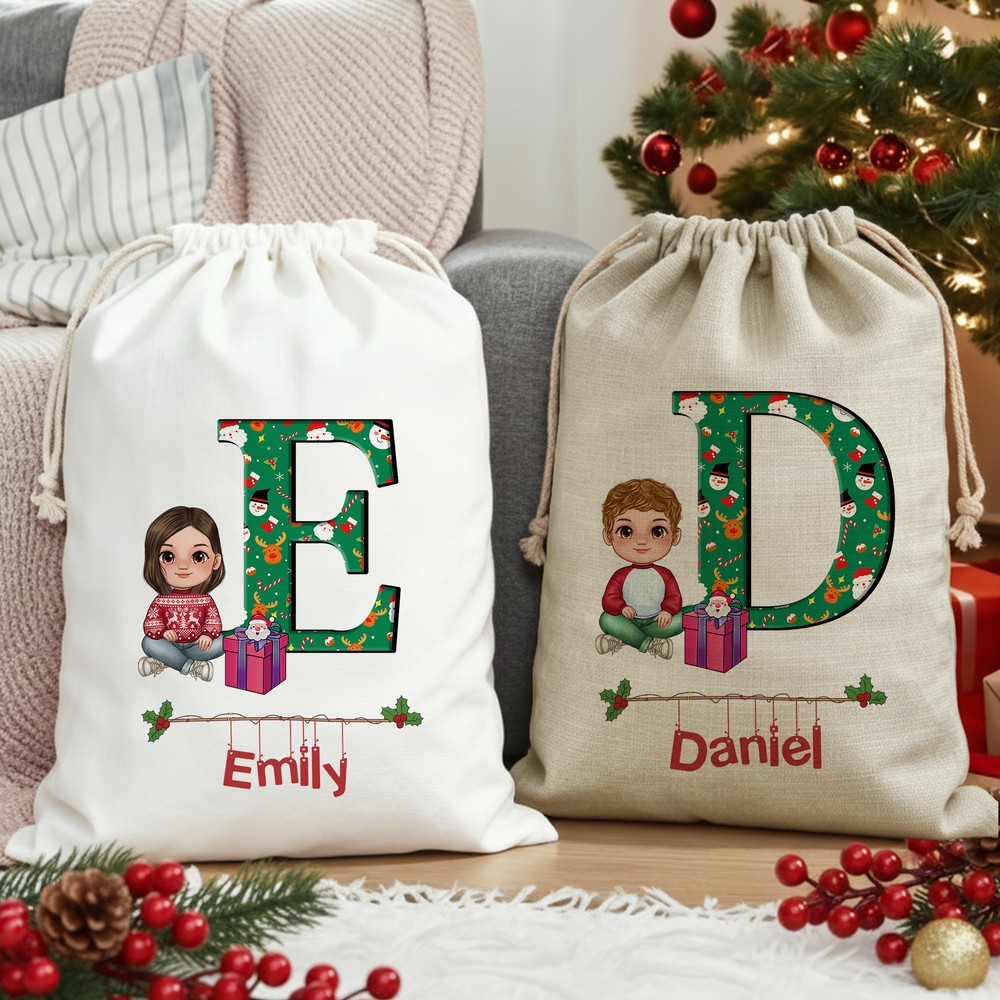 Personalized Cute Cartoon Character Christmas Drawstring Gift Bag with Initial and Name Christmas Gift for Kids Family