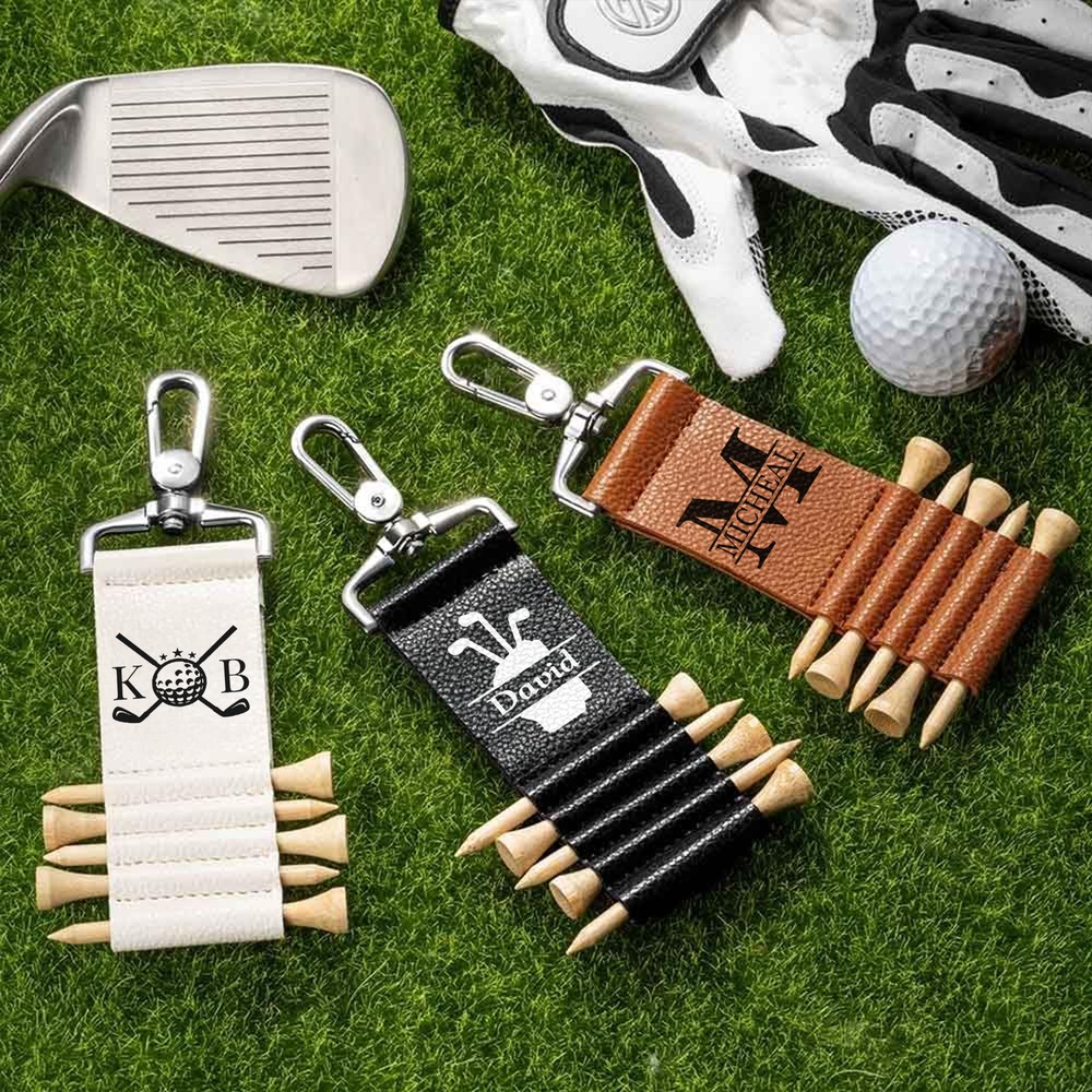 Custom Golf Tee Holder Bag Tag with Name & Initial, PU Leather Golf Gift Set with 5 Bamboo Tees, Unique Birthday Gift for Golf Lovers