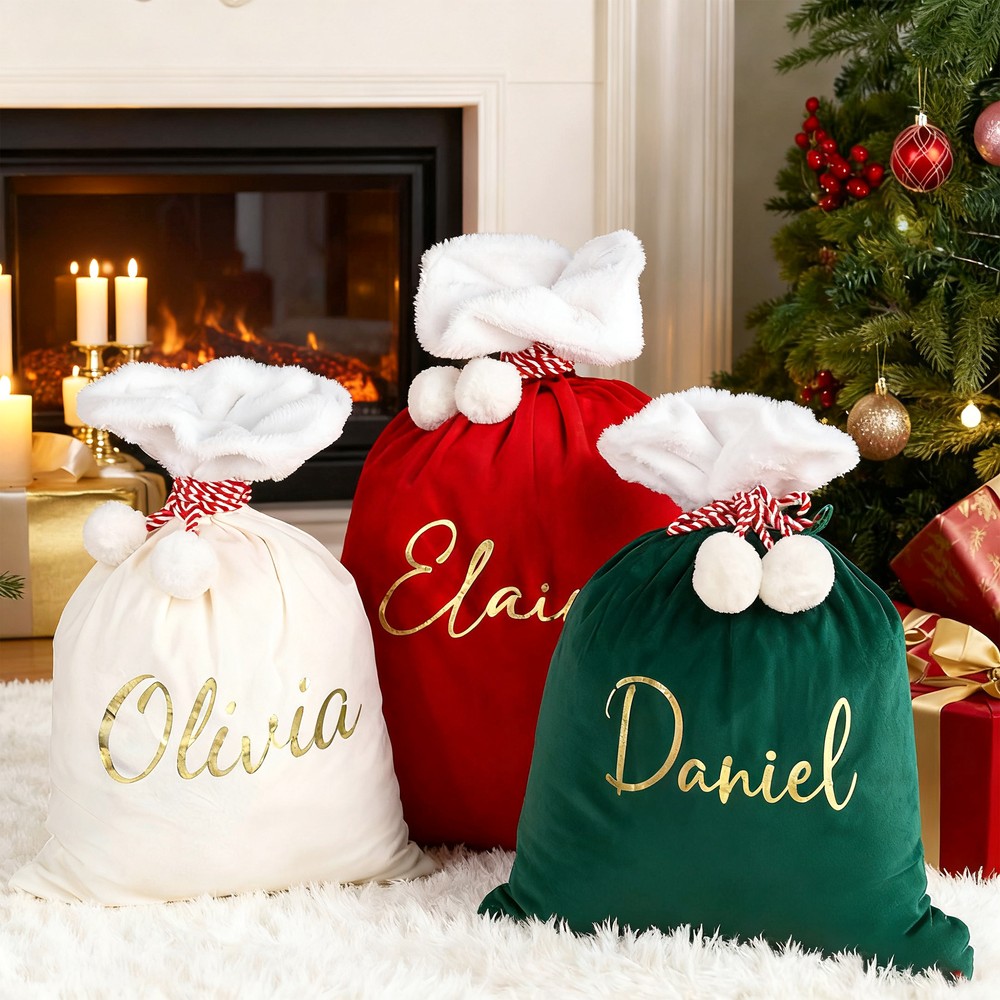 Personalized Large Velvet Santa Sack Gift Bag with Pom Pom and Name Christmas Party Favor Gift for Kids Family