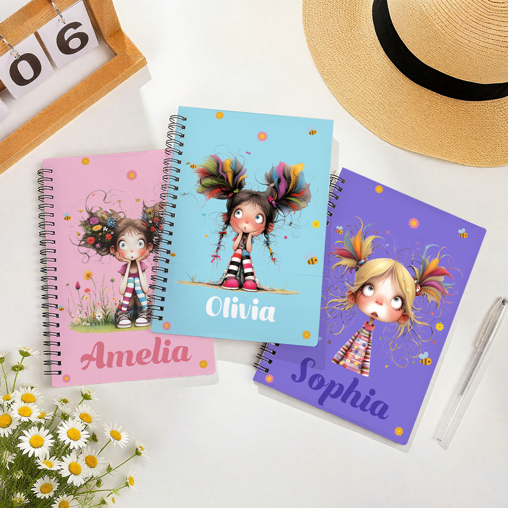 Personalized Cute Cartoon Quirky Girl Multicolor A5 Spiral Notebook with Name and 120 Lined Pages Birthday Gift for Women Girls