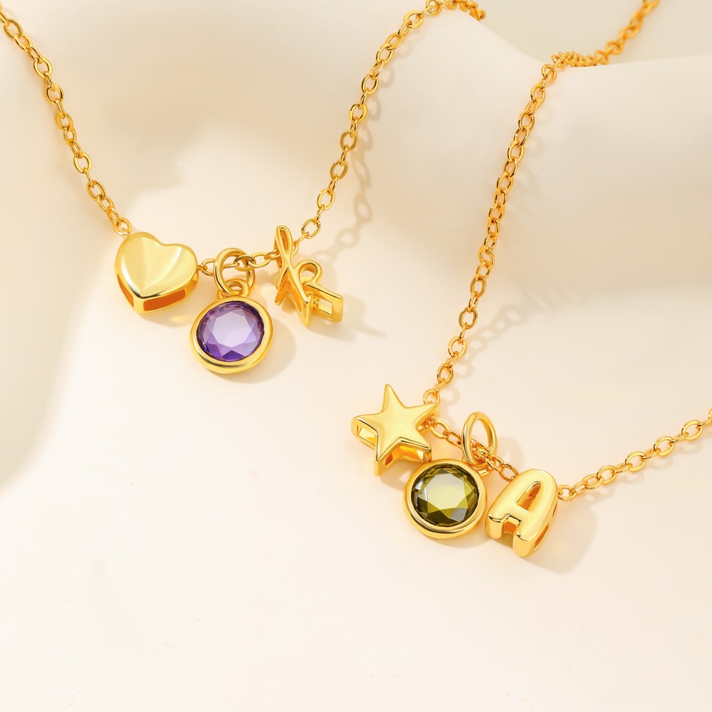Personalized Star Heart Flower Pendant Necklace with Birthstone and Initial Christmas Birthday Gift for Kids Girls