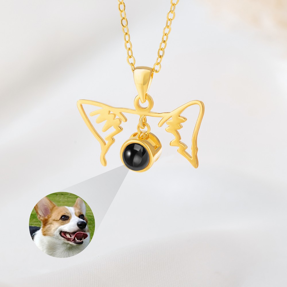 Personalized Minimalist Dog Cat Ears Outline Photo Projection Necklace Anniversary Birthday Christmas Gift for Women Pet Owners