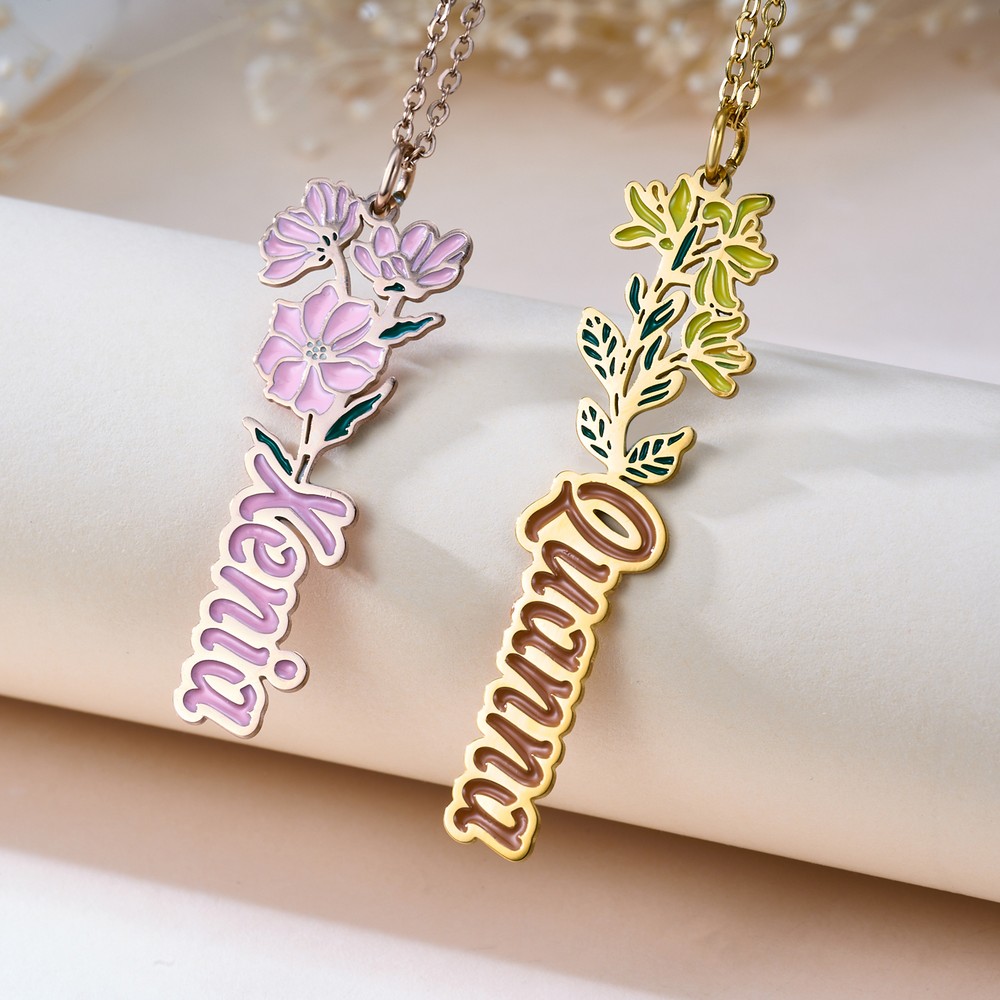 Personalized Multicolor Dainty Birth Flower Necklace with Name Birthday Anniversary Gift for Women Girls