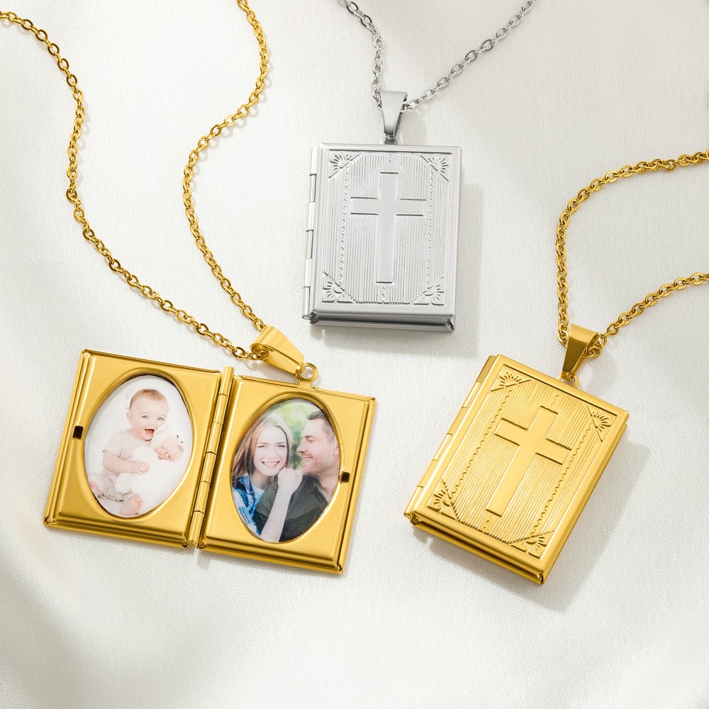 Personalized Cross Book Locket Necklace with Photos Christmas Birthday Anniversary Gift for Christians Women