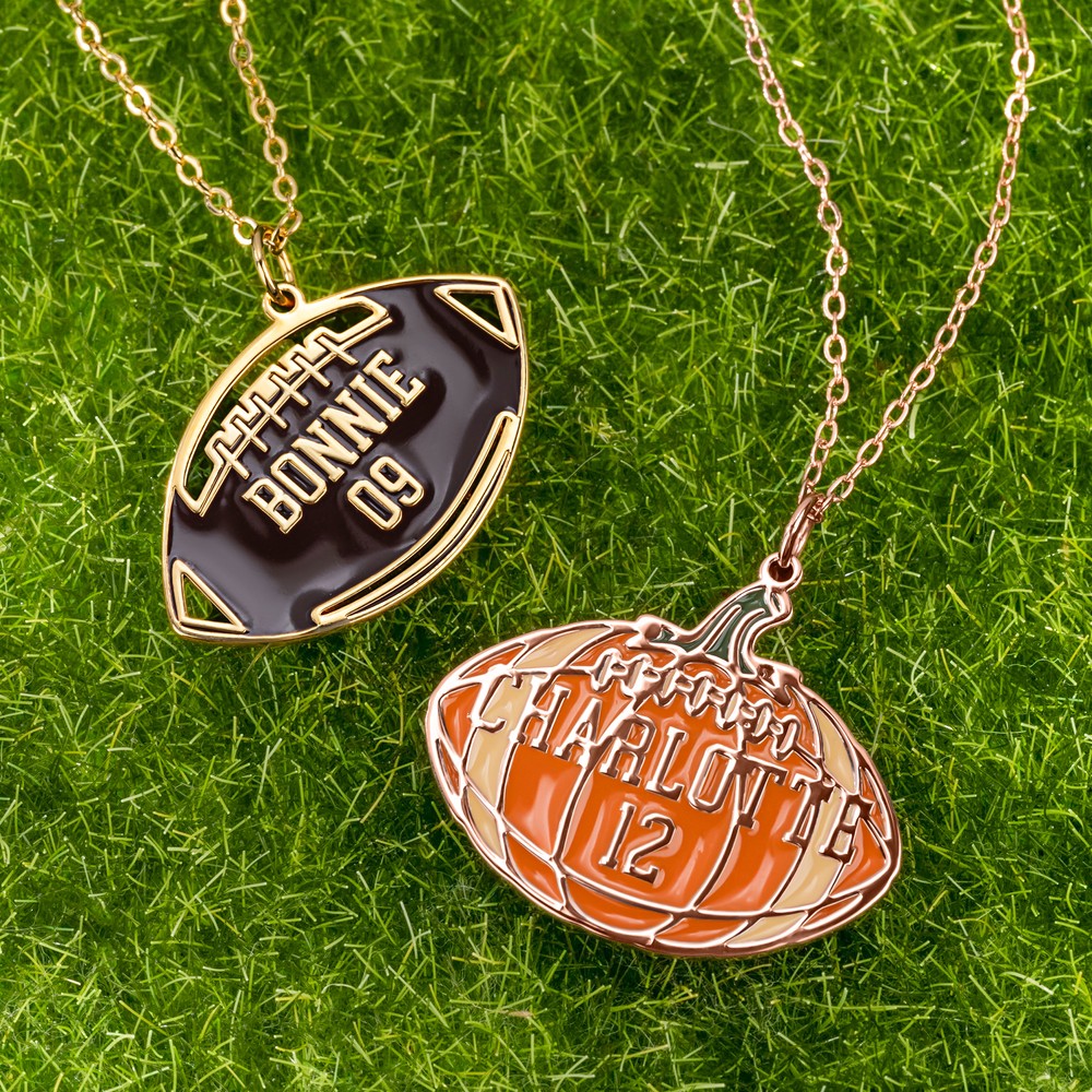 Personalized Pumpkin Football Necklace with Name and Number Dainty Jewelry Thanksgiving Day Game Day Gift for Football Player Lover