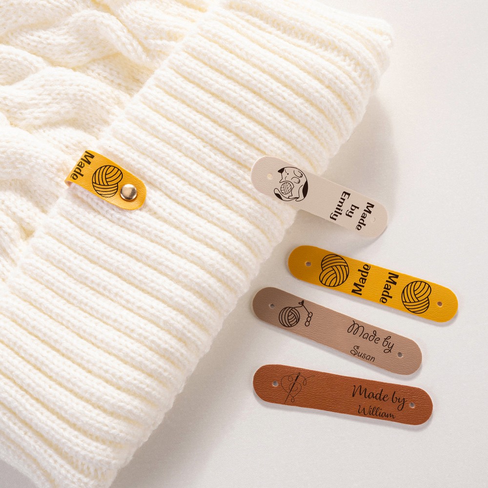 Personalized Set of 10 Made By Leather Crochet Knitted Tags Labels with Engraved Name Rivets Knitwear Accessories Gift for DIY Knitter Sewing Lovers