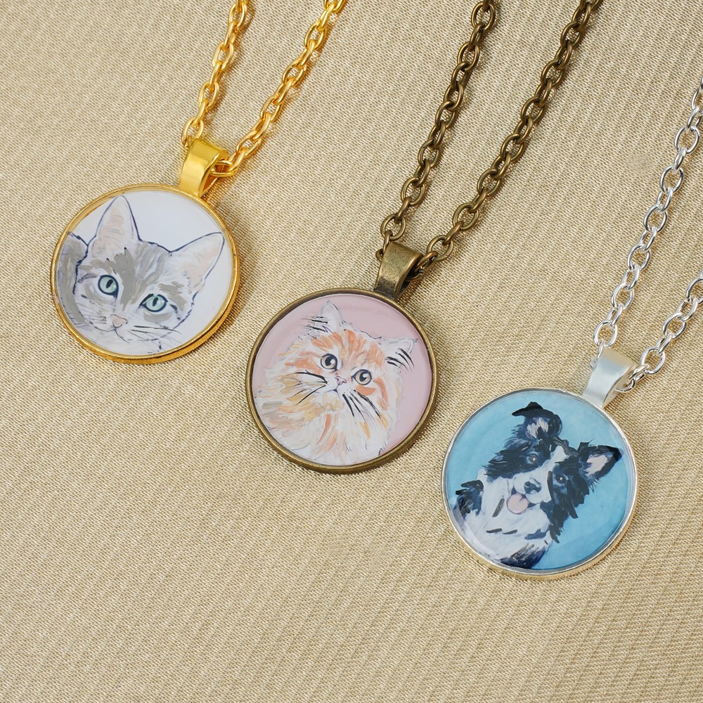 Personalized Hand-Drawn Watercolor Miniature Pet Photo Painting Necklace Birthday Memorial Christmas Gift for Pet Lovers Owners