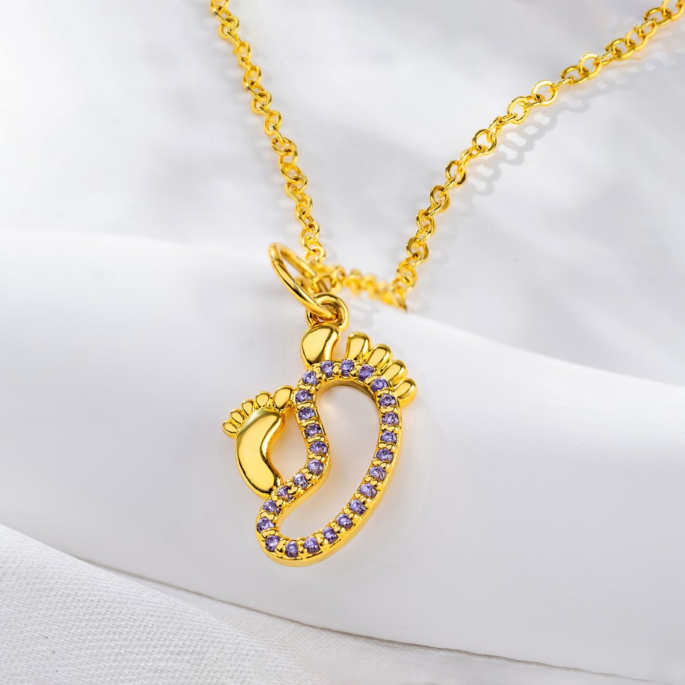 Personalized Dainty Baby and Mom Footprints Necklace with Birthstone Birthday Baby Shower Gift for New Mom