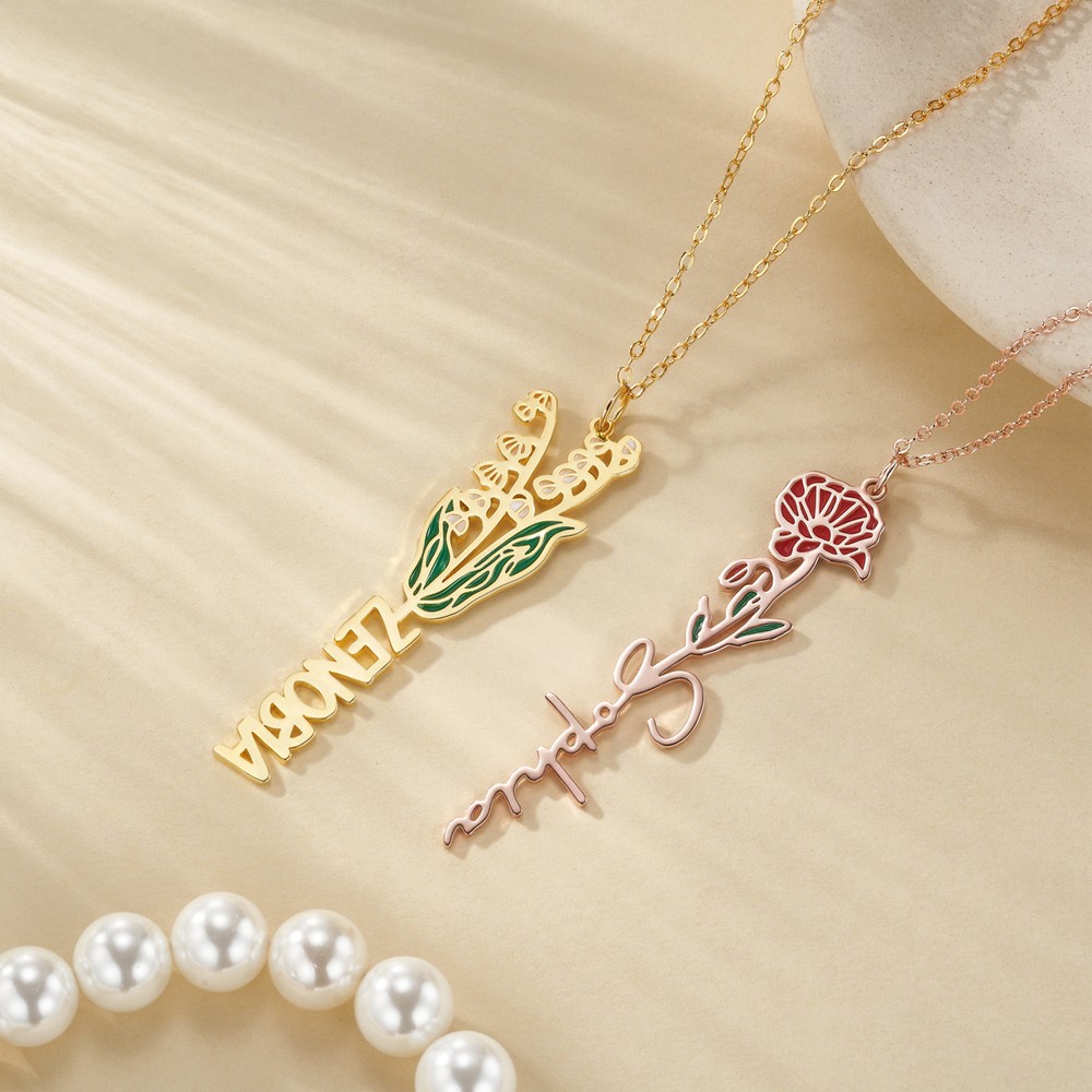 Personalized Birth Flower Dainty Floral Necklace with Name Birthday Anniversary Wedding Gift for Women Girls