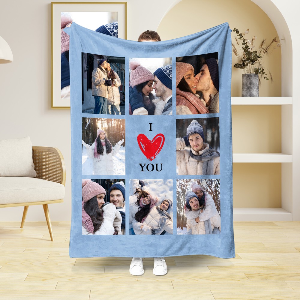 Personalized  I Love You 8 Photos Collage Multicolor Soft Throw Blanket with Home Decor Valentine's Day Anniversary Birthday Gift for Family Couples