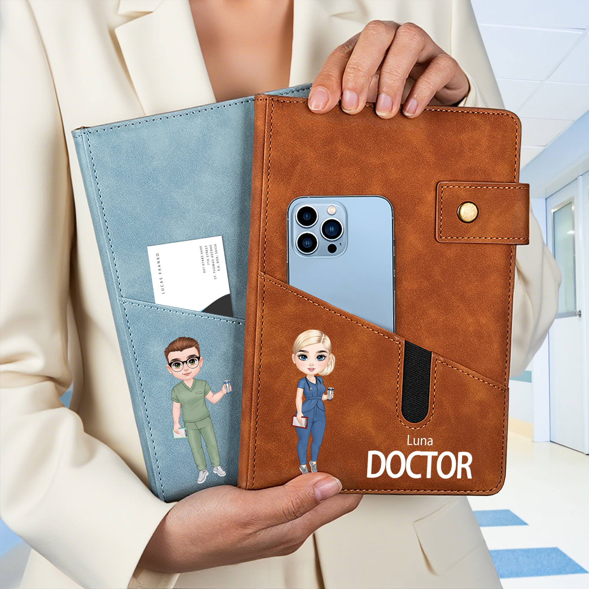 Personalized Cartoon Character A5 PU Leather Journal Notebook with Pocket and Name Birthday Appreciation Gift for Nurse Doctor Medical Staff