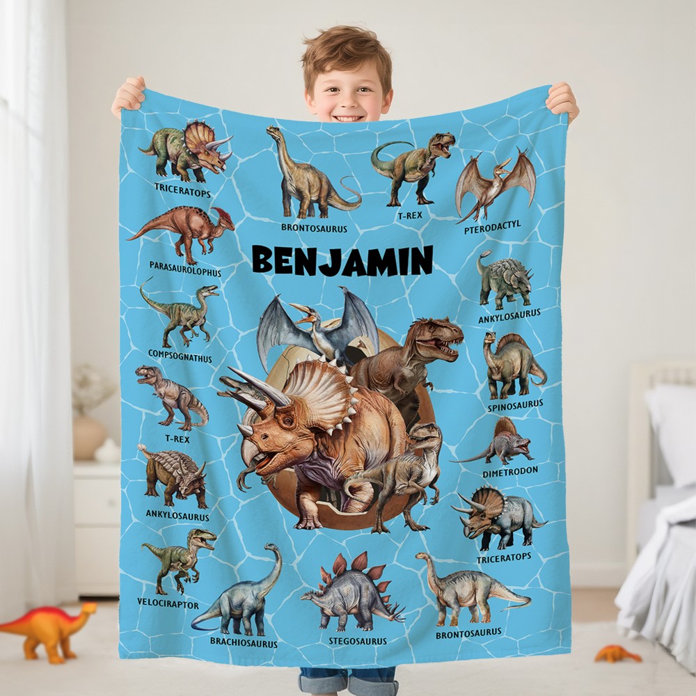 Personalized Dinosaur Themed Multicolor Soft Throw Blanket with Name Home Decor Ship from USA Birthday Gift for Kids Dinosaur Lover