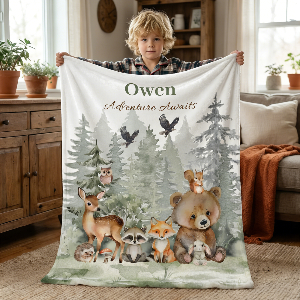 Personalized Watercolor Forest Animals Soft Throw Blanket with Name and Text Home Decor Birthday Gift for Kids