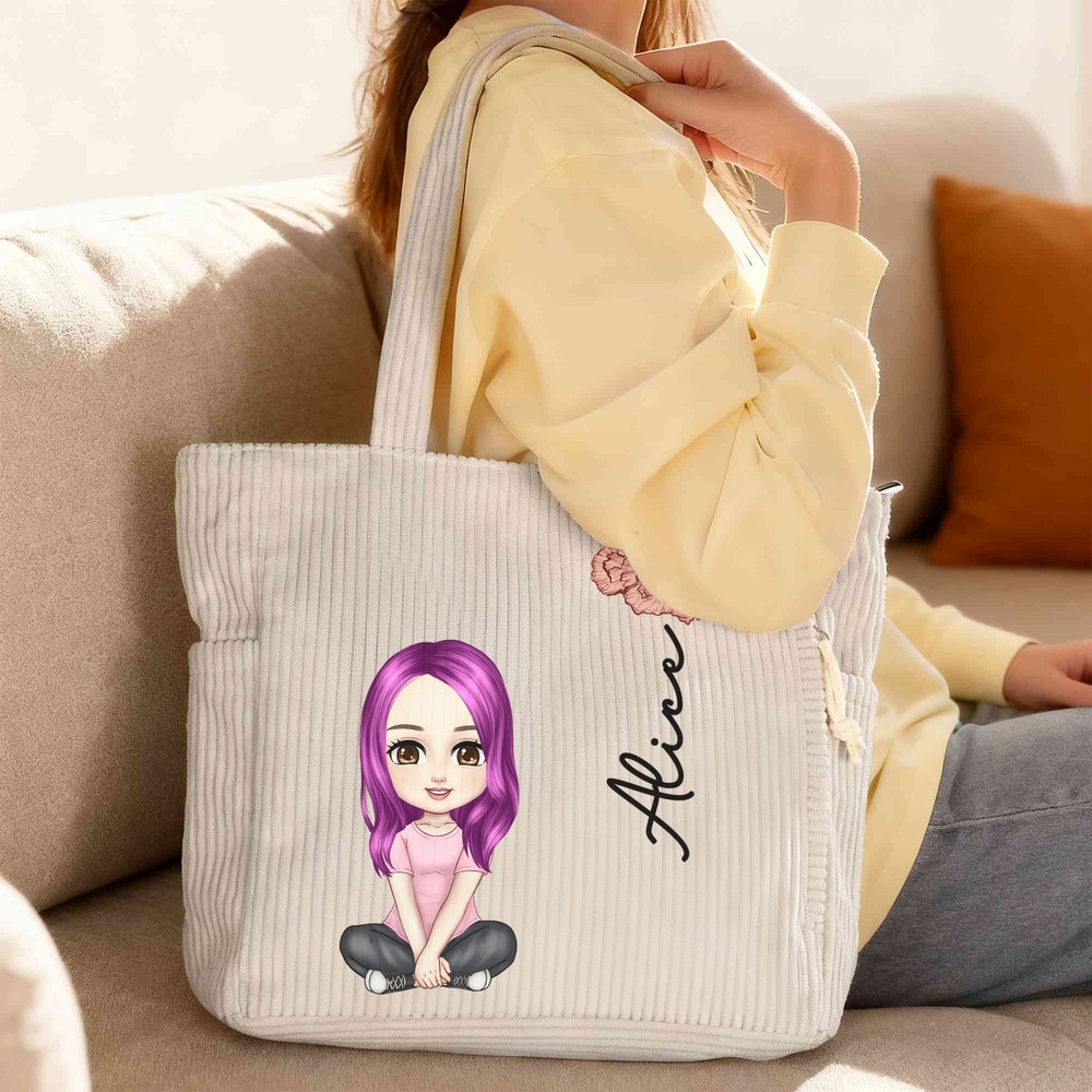 Personalized Cartoon Birth Flower Corduroy Tote Bag with Name Large Capacity Daily Use Gift for Women