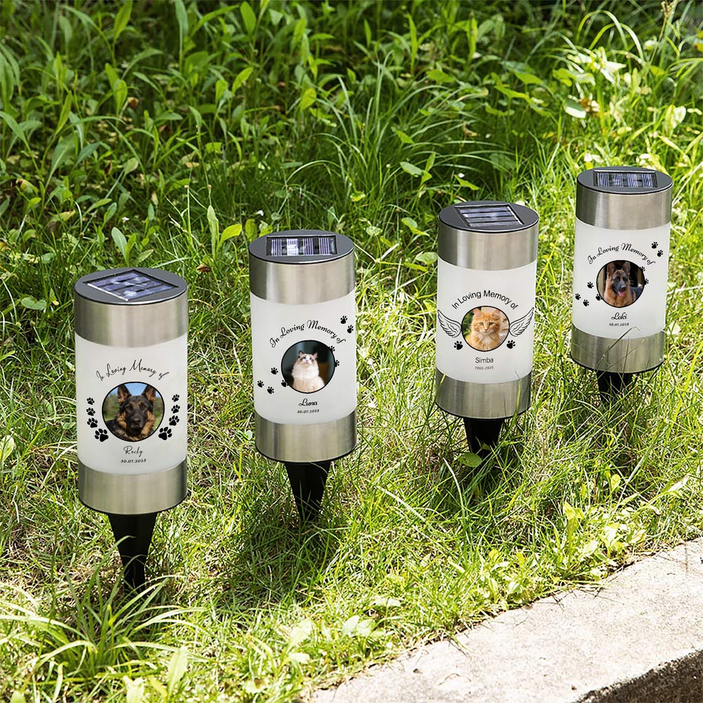Personalized Pet Memorial Solar Garden Light with Photo Paw Print Wings Name and Date