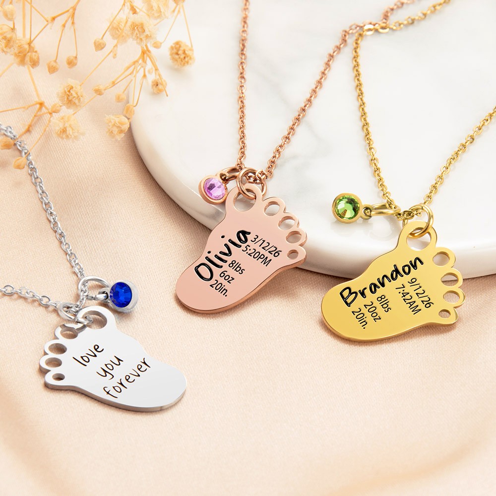 Personalized Engraved Baby Foot Pendant Necklace with Birth Announcement and Birthstone Birthday Baby Shower Gift for Kid New Mom