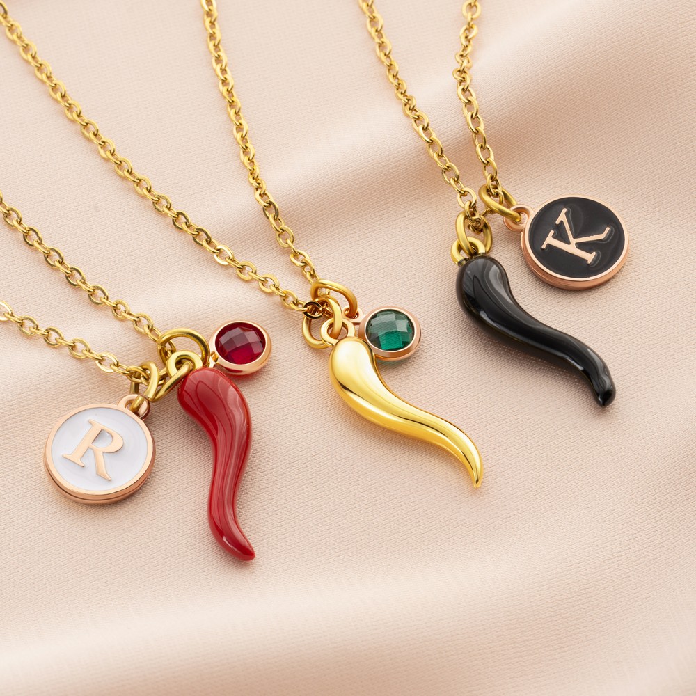 Personalized Italian Cornicello Lucky Horn Charm Chili Pepper Necklace with Birthstone and Initial Anniversary Birthday Gift for Women Men