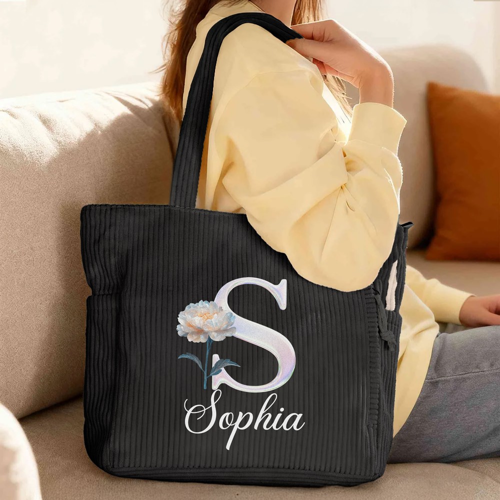 Personalized Pearl Effect Birth Flower Corduroy Tote Bag with Name and Initial Large Capacity Gift for Women