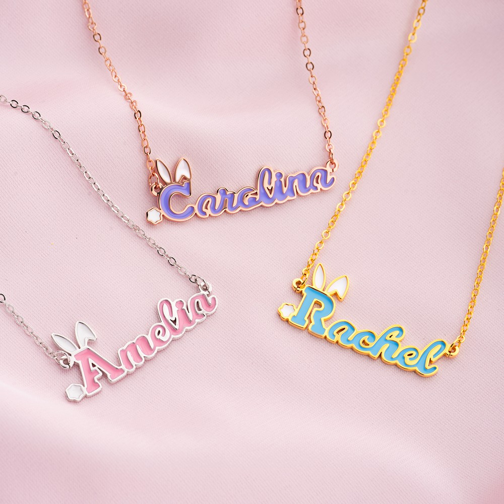 Personalized Cute Bunny Ears Initial Name Necklace Multicolor Jewelry Easter Birthday Anniversary Gift for Women Girls