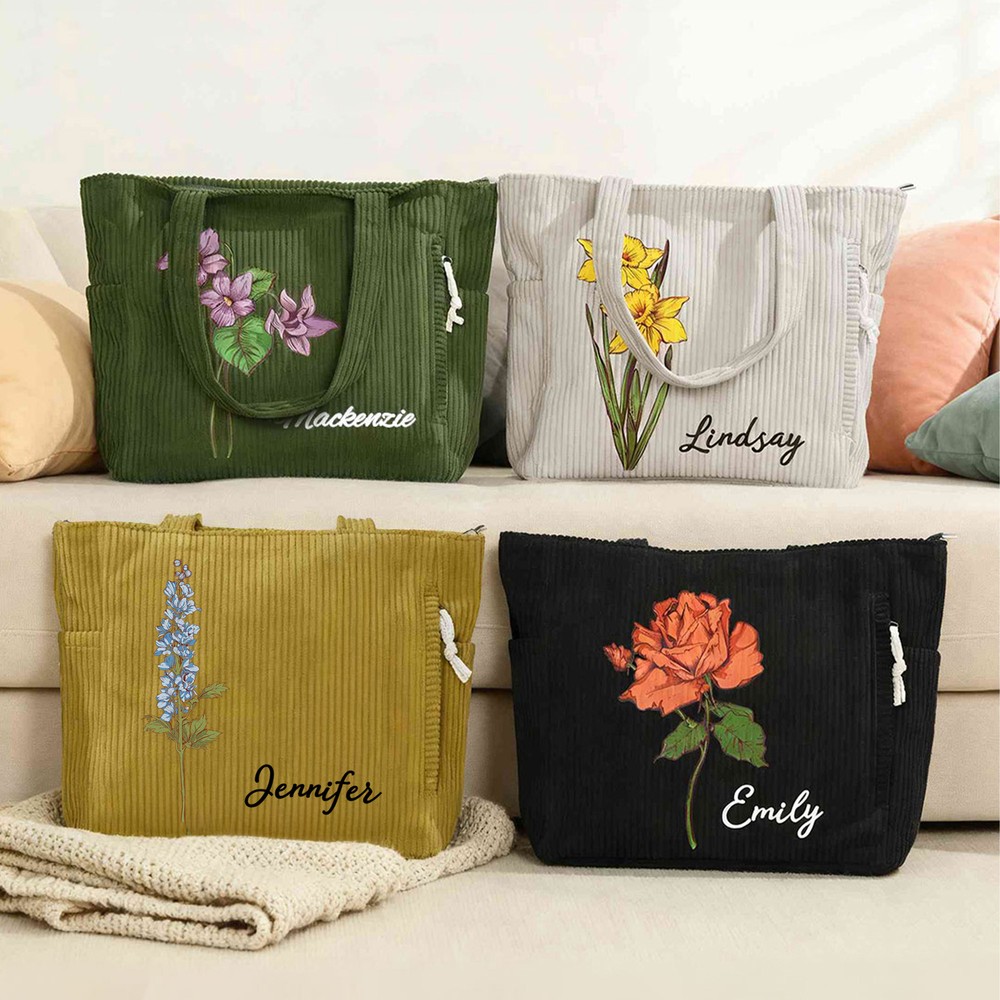 Personalized Birth Flower Corduroy Tote Bag with Name, Large Capacity Daily Carry Bag, Birthday Gift for Women