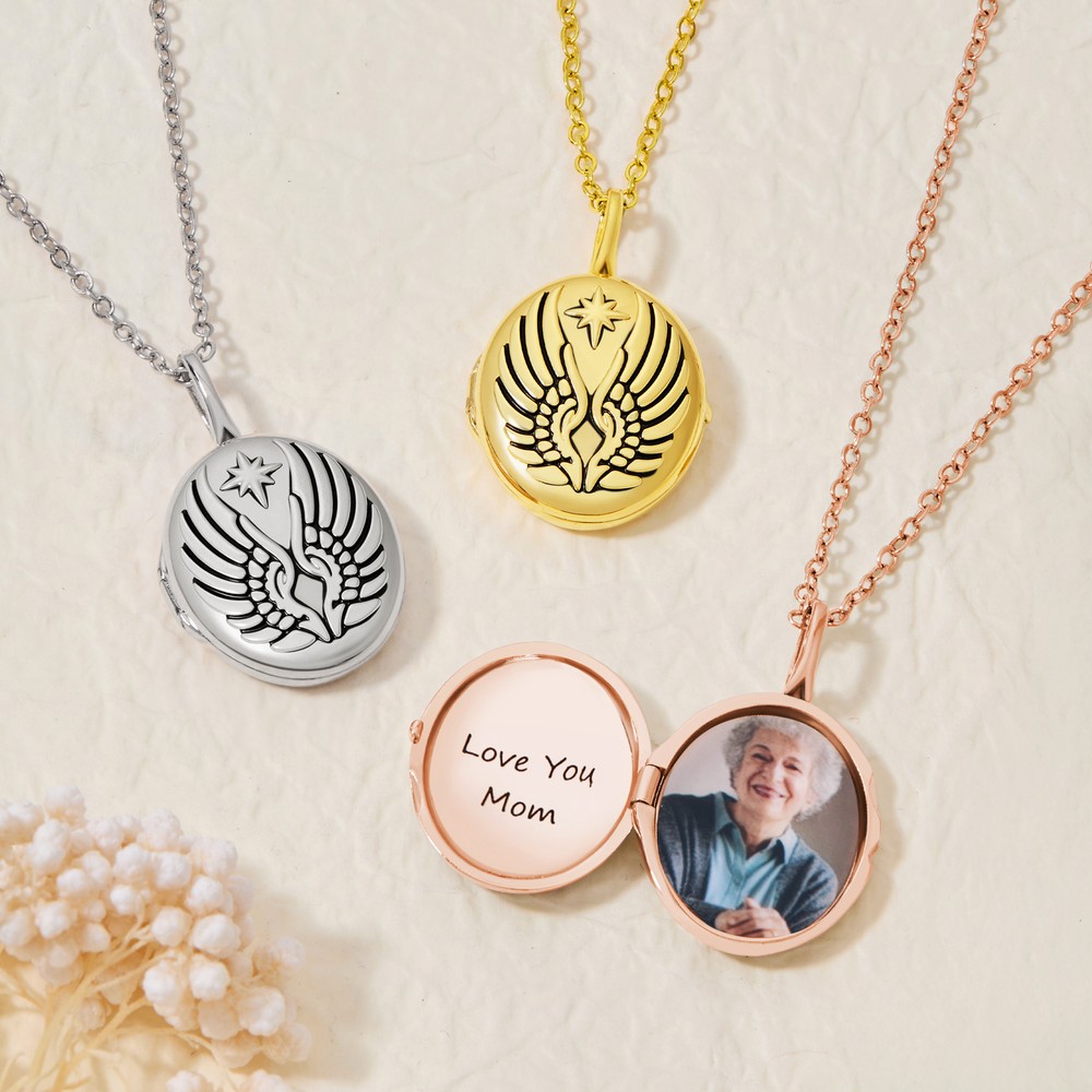 Personalized Star Angel Wings Photo Necklace with Engraved Text Dainty Jewelry Valentine's Day Birthday Anniversary Gift for Women
