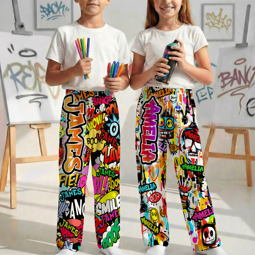 Personalized Graffiti-Art Design Kid Woman Man Pajama Pants with Colorful Name and Drawstring Daily Wear Birthday Gift for Kids Family