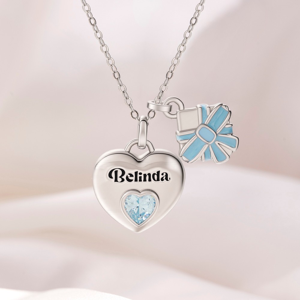 Personalized Love & Gift Box Double Pendant Necklace with Heart-Shaped Birthstone and Name Dainty Jewelry Valentine's Day Birthday Gift for Her