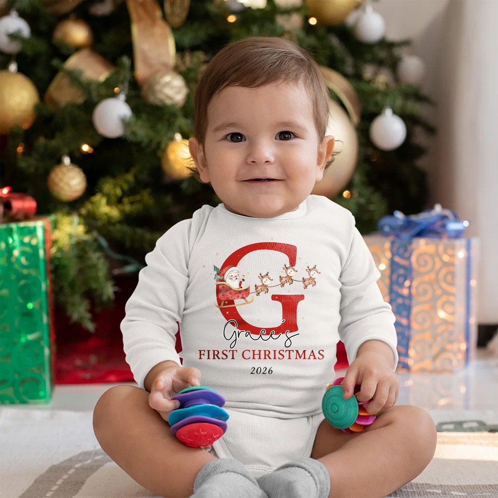 Personalized Santa Sleigh Xmas 100% Cotton Baby Bib Bodysuit with Initial Name and Year Coming Outfit First Christmas Gift for Newborns