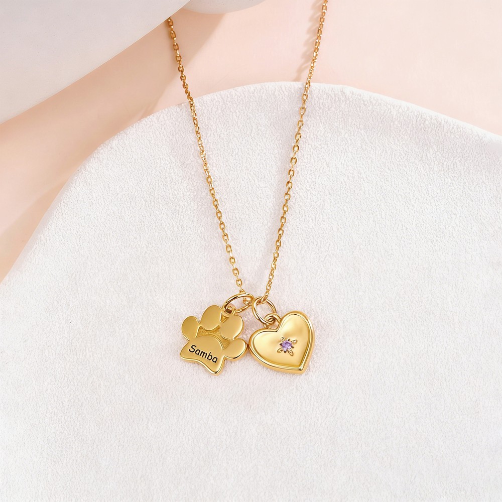Personalized Paw Heart Necklace with Name Dainty Jewelry Memorial Gift for Pet Lovers Owners