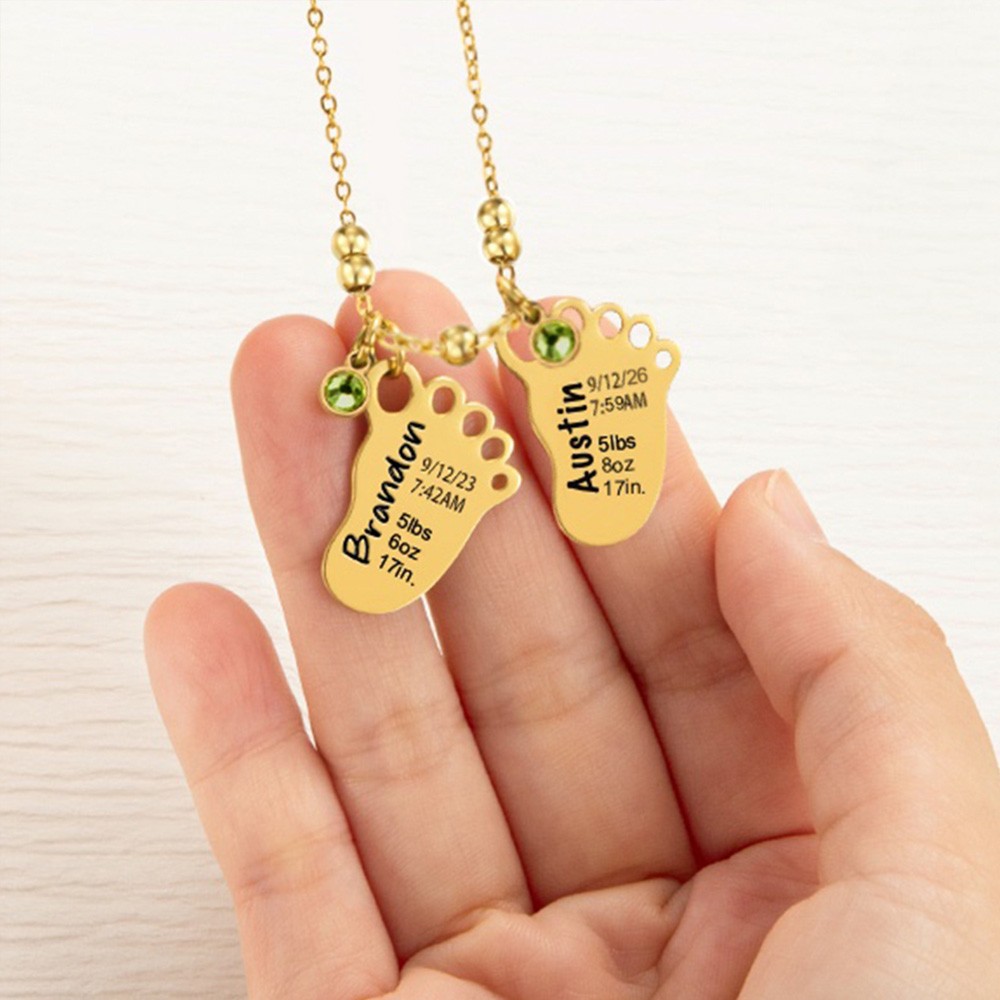 Personalized Engraved 1-3 Baby Foot Pendant Necklace with Birth Announcement and Birthstone Birthday Baby Shower Gift for Kid New Mom