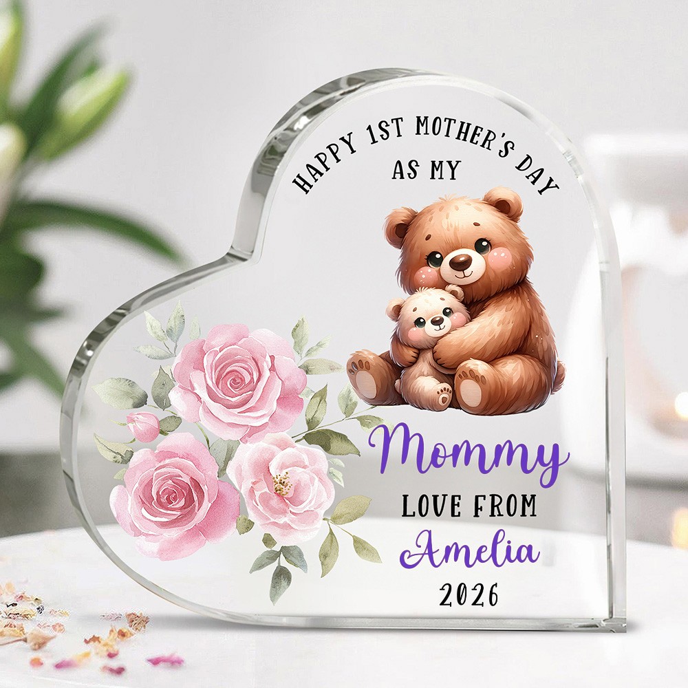 Personalized Happy 1st Mother's Day Acrylic Plaque with Name Cute Animal Heart Shape Desk Decor Gift for Mom
