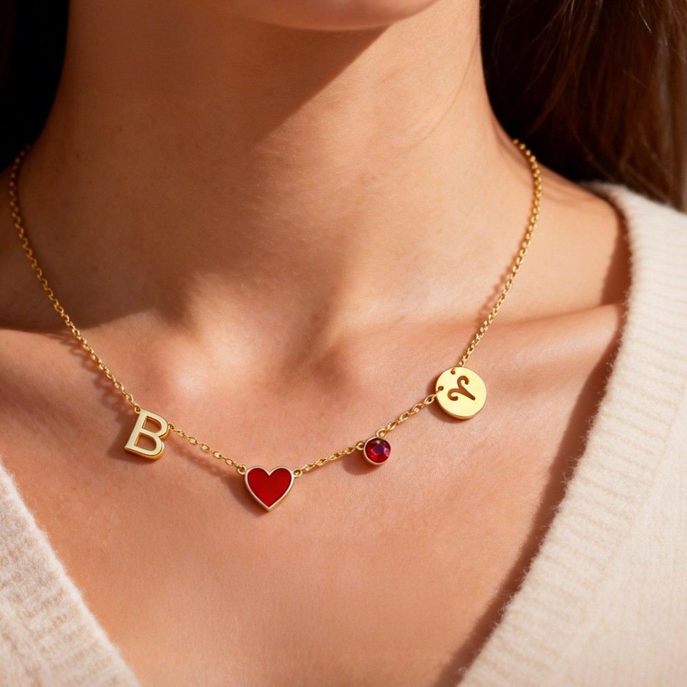 Personalized Birthstone Constellation Initial Heat Reactive Heart Pendant Necklace Anniversary Mother's Day Birthday Gift for Women