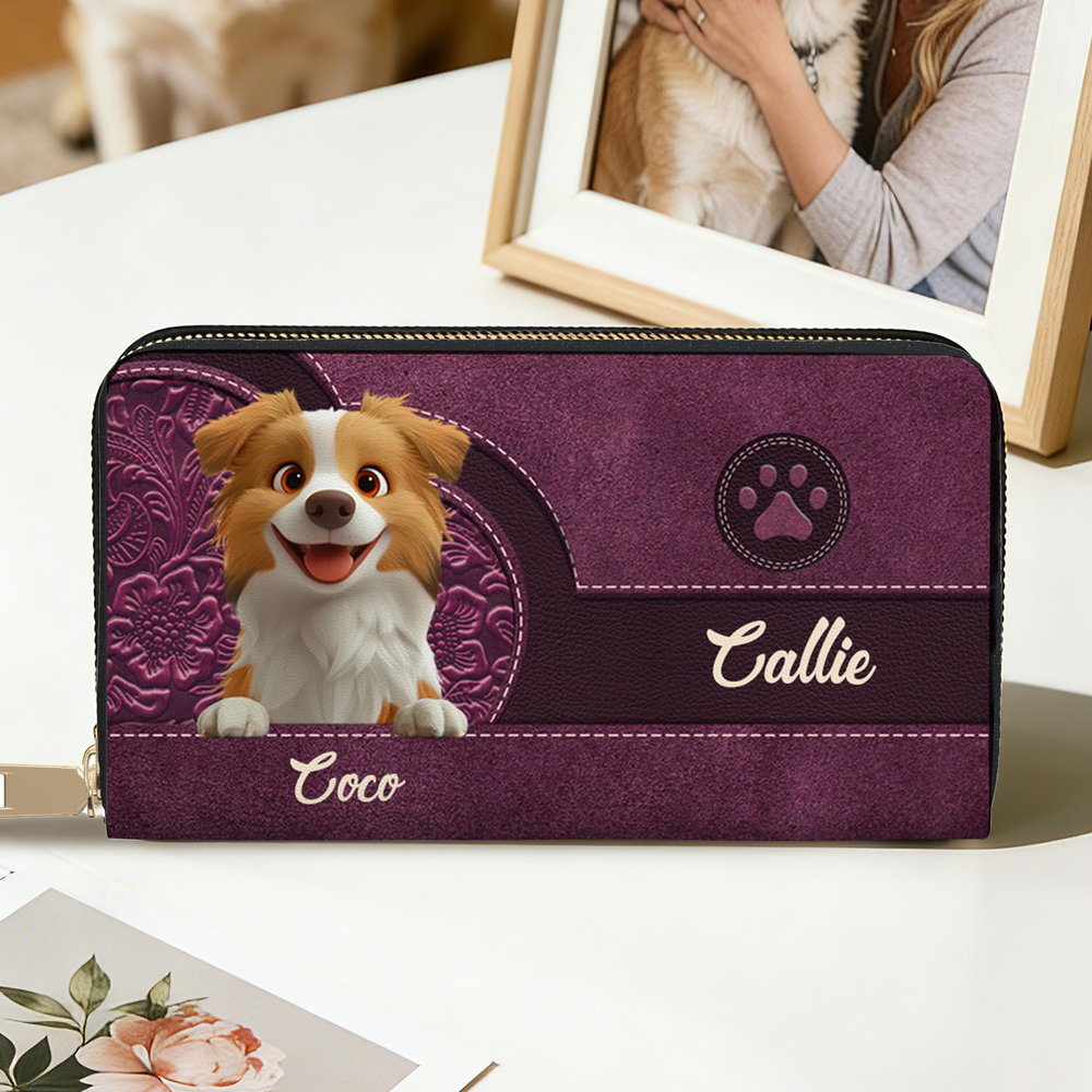 Personalized 3D Cartoon Dog Retro Heart PU Leather Hand Wallet with Name and Zipper Daily Use Birthday Mother's Day Gift for Pet Owner Lover