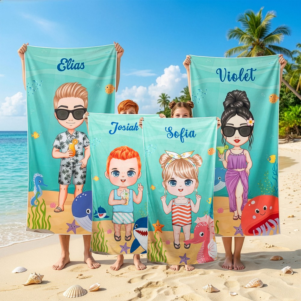 Personalized Cartoon Marine Beach Towel with Name Oversized Quick Dry Towel for Kids