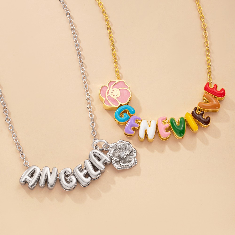 Personalized Birth Flower Colorful 3D Enamel Bubble Letter Name Necklace Birthday Anniversary Gift for Women Girls