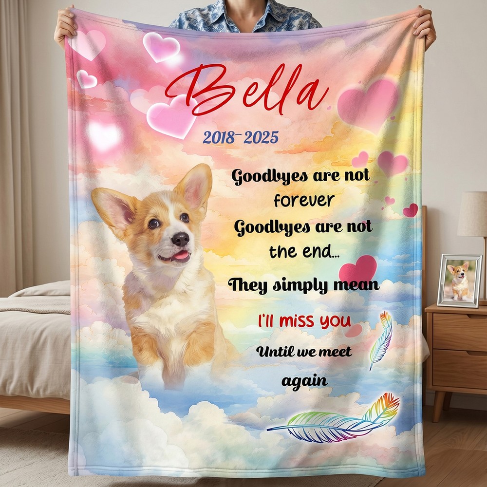 Personalized Photo Rainbow Heart Paw Print Soft Throw Blanket with Name and Year Home Decor Sympathy Memorial Gift for Pet Owner Family