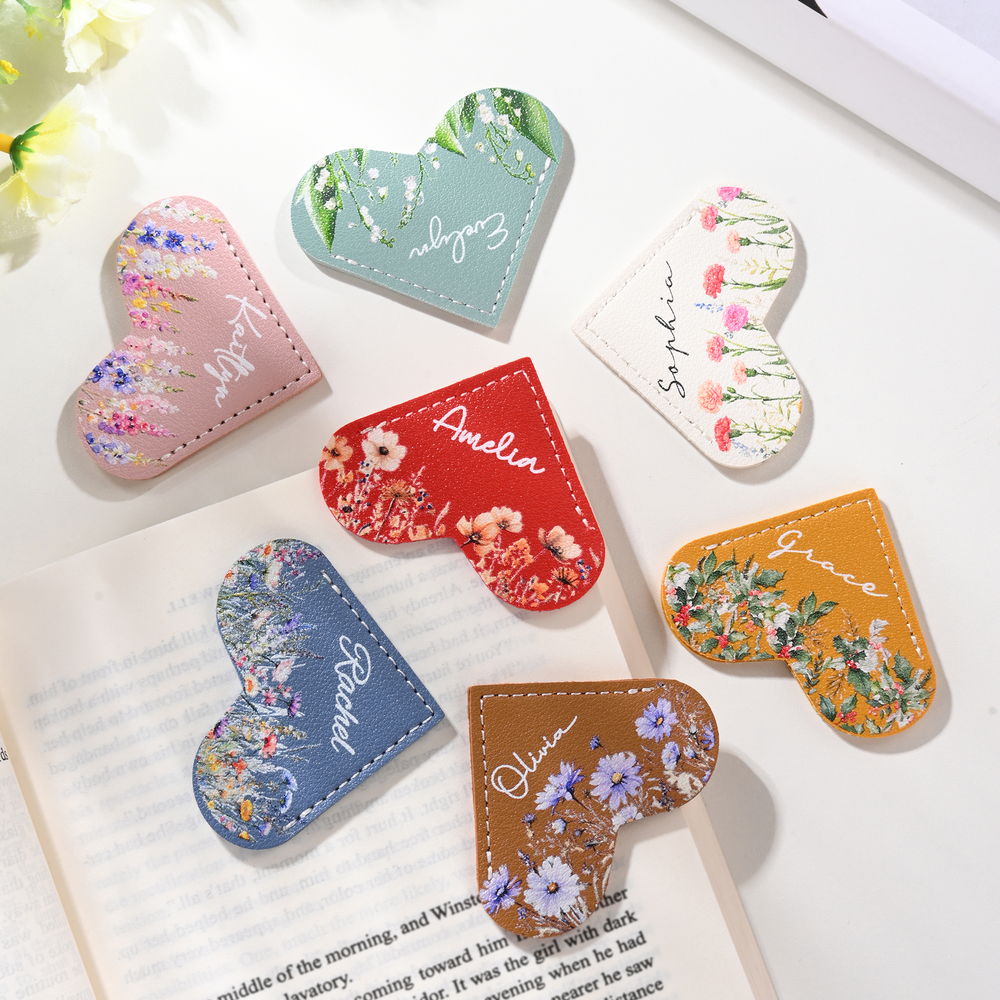 Personalized Birth Flower Heart Corner Bookmark with Name PU Leather Bookmark Gift for Book Lovers