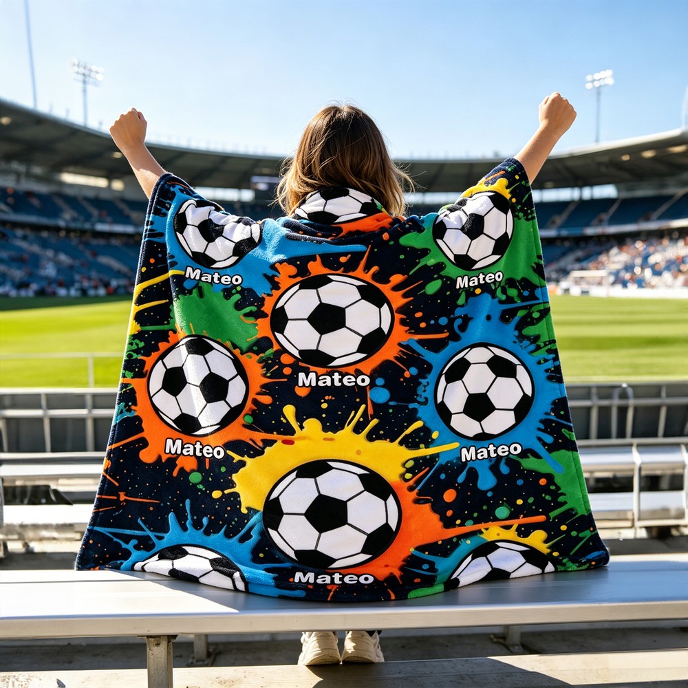 Personalized Graffiti Soccer Throw Blanket with Name Soft Black Blanket Gift for Kids