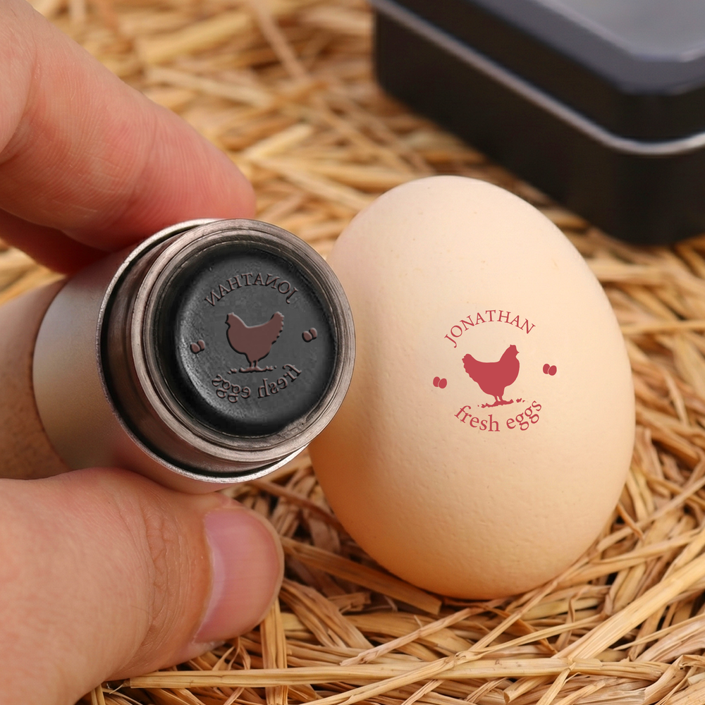 Personalized Chicken Theme Wooden Egg Stamp with Food Grade Ink Text and Gift Box Daily Use Birthday Gift for Family Farmer Breeder