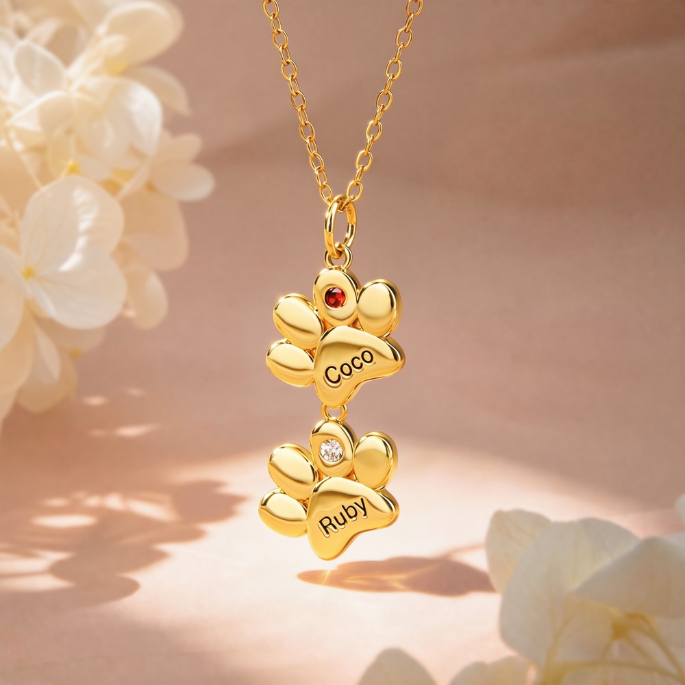 Personalized 1-12 Paw Print Birthstone Necklace Exquisite Jewelry with Engraved Names Anniversary Birthday Gift for Pet Owner Lover