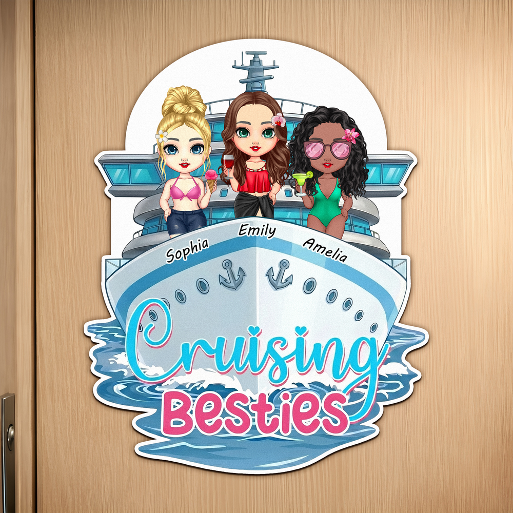 Personalized Cartoon Besties Character Cruise Ship Fridge Magnet with Name Home Decor Summer Travel Birthday Gift for Besties Friends